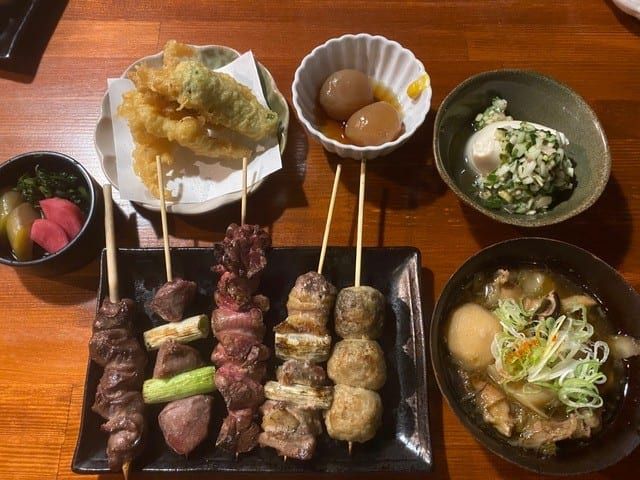 The Yamagata Zanmai set: grilled skewers, tempura and small side dishes