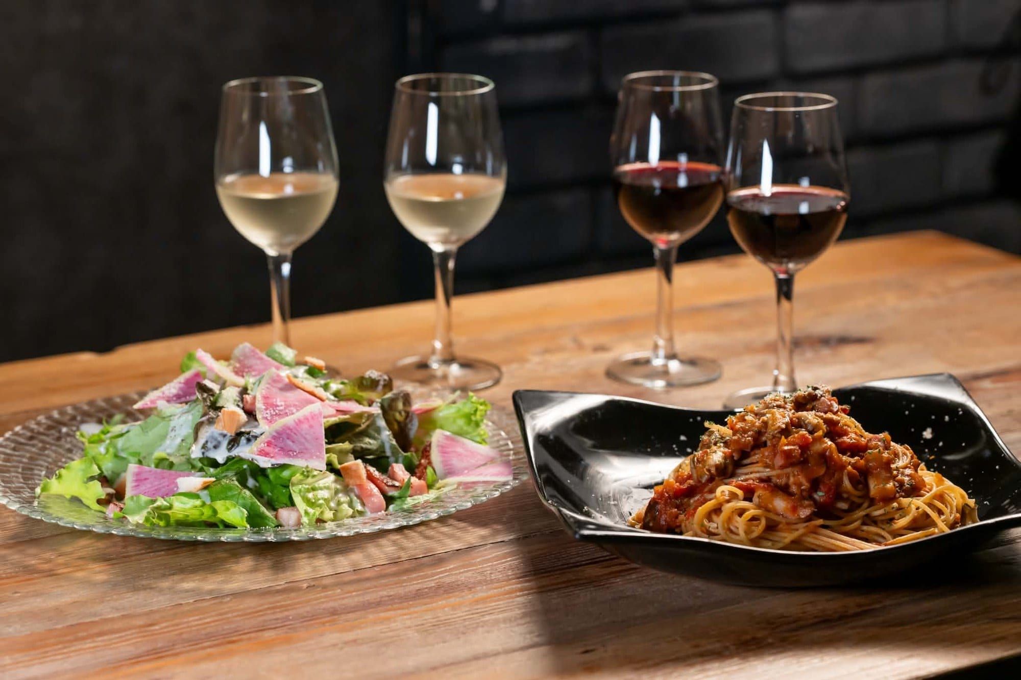 Salad, pasta of the day and local wine